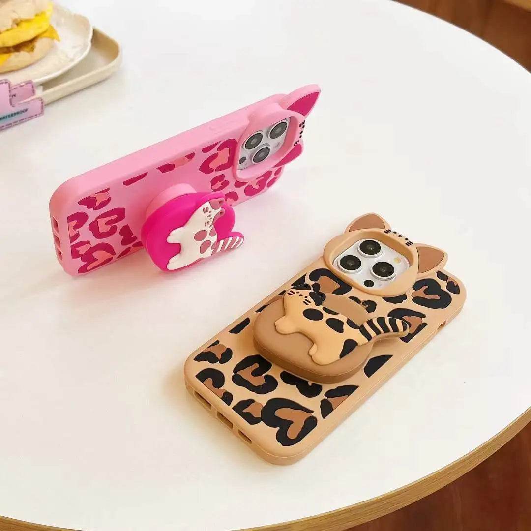 Cute Phone Cases - 3D Heart Leopard and Printed Cat Bracket - Cat Ears Kitten Camera Protection Cover - IC5021 - Touchy Style