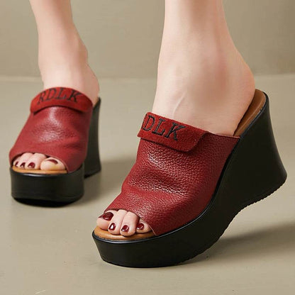 Retro Slippers Genuine Leather Shoes Handmade Slides Woman Slipper Peep Toe Platform Wedge Clogs For Women - Touchy Style