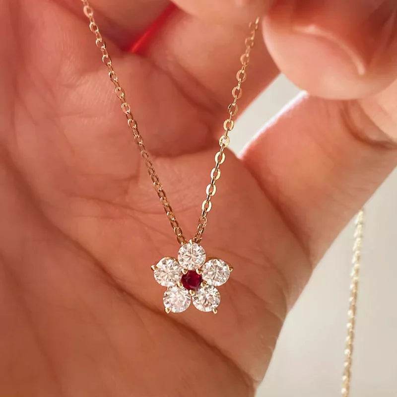 925 Sterling Silver Retro High Quality Flowers Pendant Necklace Red CZ For Women Birthday Gift Fine Jewelry - Touchy Style