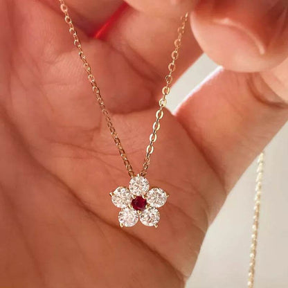 925 Sterling Silver Retro High Quality Flowers Pendant Necklace Red CZ For Women Birthday Gift Fine Jewelry - Touchy Style