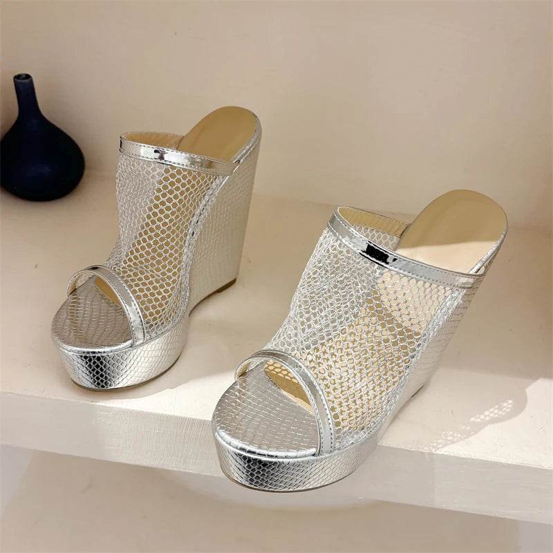 Eilyken Street Style Gold Silver Fashion Open Toe Platform Wedges Women Slippers Design Mesh Fabric Banquet High Heels Shoes - Touchy Style