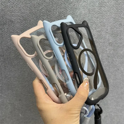 3D Cute Cat Ear Magsafe Case for iPhone 13 14 15 16 Pro Max 11 12 15 16 Plus Transparent PC Armor Cover with Wrist Strap Chain