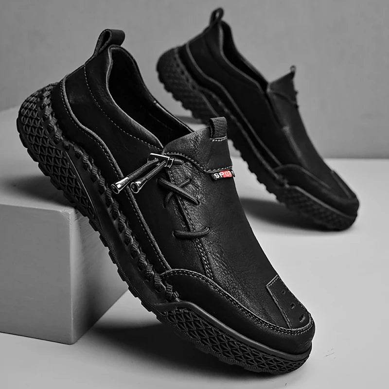 Fashion Leather Men Casual Shoes Hand-stitching Soft Mens Loafers Comfy Moccasins Breathable Slip on Driving Shoes Treking Flats - Touchy Style