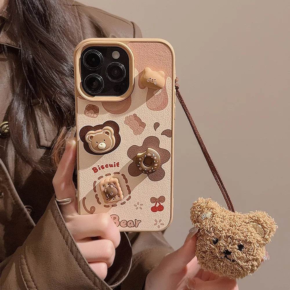 Cute Phone Cases For iPhone 16, 15, 14, 13, 12, 11 Pro Max - Chocolate, Bear, Biscuit, Doughnut Cover with Plush Doll Pendant - IC1150 - Touchy Style