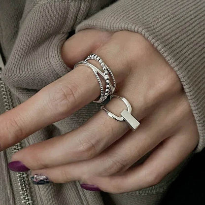 PANJBJ 925 Sterling Silver Overlapping Rings For WomenHollow out Bead Geometry Trend Design Versatile Jewelry Gift Dropshipping - Touchy Style