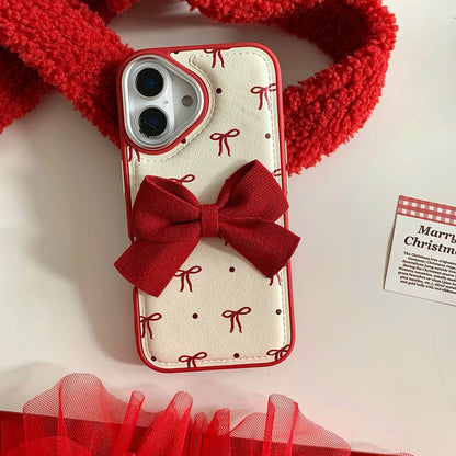 Cute Phone Cases - Leather Texture Red Bowknots - Vintage Back Cover for iPhone 16 15 14 13 Pro Max - Touchy Style