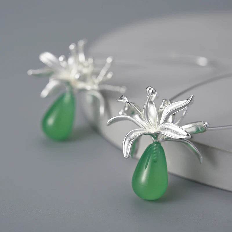 Lotus Fun Natural Gemstone Long Unusual Red Spider Lily Flower Dangle Earrings for Women 925 Sterling Silver Luxury Fine Jewelry - Touchy Style