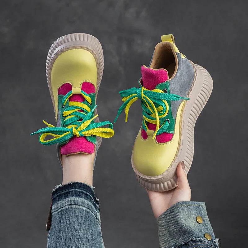 Spring New Genuine Leather Flat Platform Shoes Mixed Colors Thick Sole Shoes For Casual Sneakers Women&
