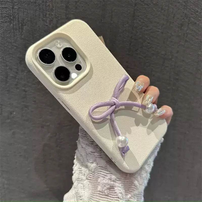 Cute Phone Cases For iPhone 16, 15, 14, 13, 12 Pro, 11 Plus, 11 Pro Max - 3D Pearl Bowknot PU Soft Cover - PC0220 - Touchy Style