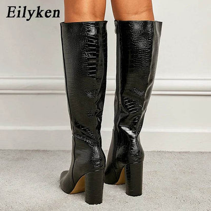 Black Serpentine Fashion Women Knee High Boots Sexy Pointed Toe Square Heels Ladies Long Boot Zipper Female Shoes - Touchy Style
