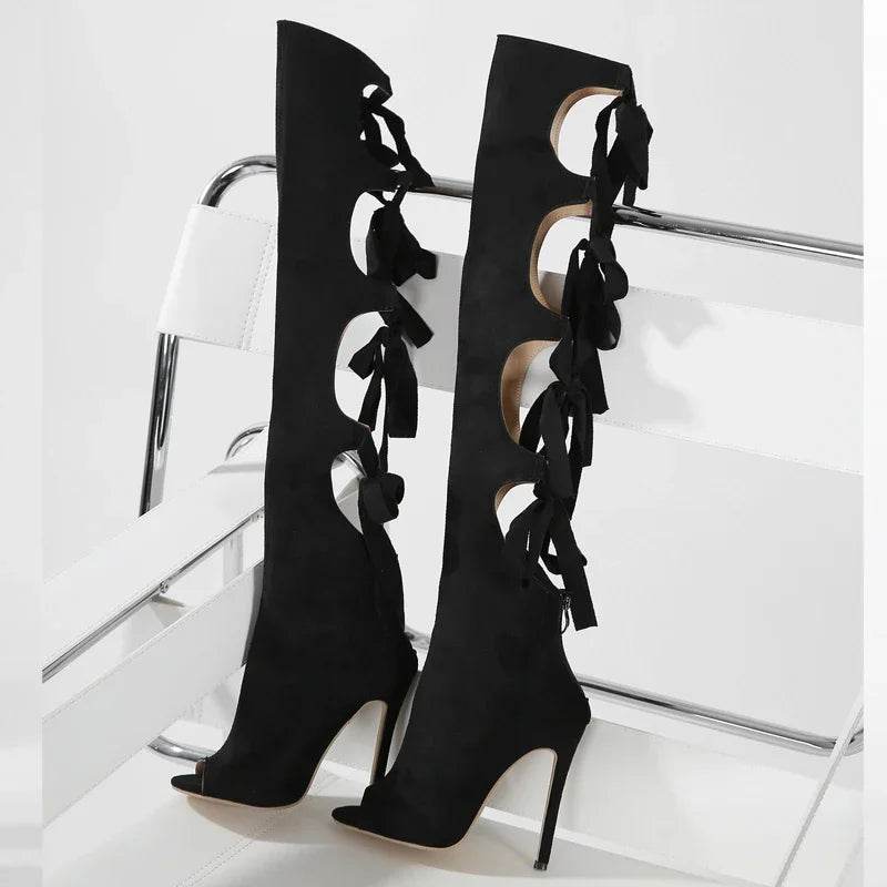 Street Style Thin High Heels Women Knee-High Boots Designer Hollow Out Zipper Shoes Party Prom Zapatos De Muje - Touchy Style