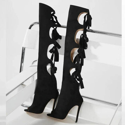 Street Style Thin High Heels Women Knee-High Boots Designer Hollow Out Zipper Shoes Party Prom Zapatos De Muje - Touchy Style