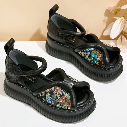 Summer New Versatile Genuine Leather Peep Toe Sandals Retro Comfortable Thick Soled Hook &amp; Loop Women&