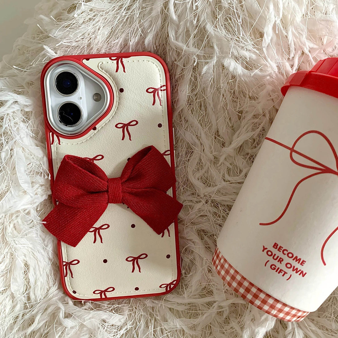 Cute Phone Cases - Leather Texture Red Bowknots - Vintage Back Cover for iPhone 16 15 14 13 Pro Max - Touchy Style
