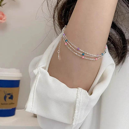 PANJBJ 925 Sterling Silver Multicolour Bead Bracelet For Women Three Layers Geometry Drip Glaze Versatile Jewelry Gift Dropship - Touchy Style