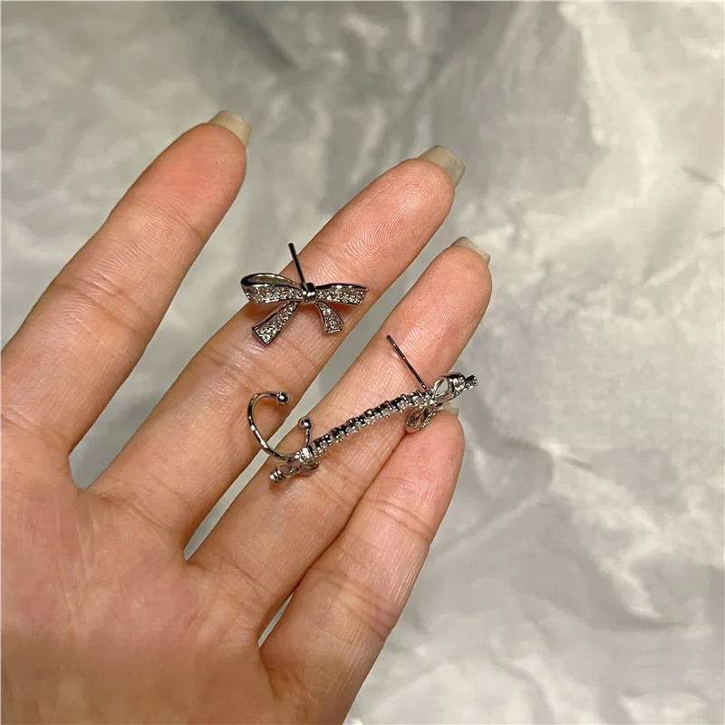 PANJBJ 925 Sterling Silver Bowknot Studs Earring for Women Zircon Asymmetric Originality Versatile Jewelry Gift Dropshipping - Touchy Style