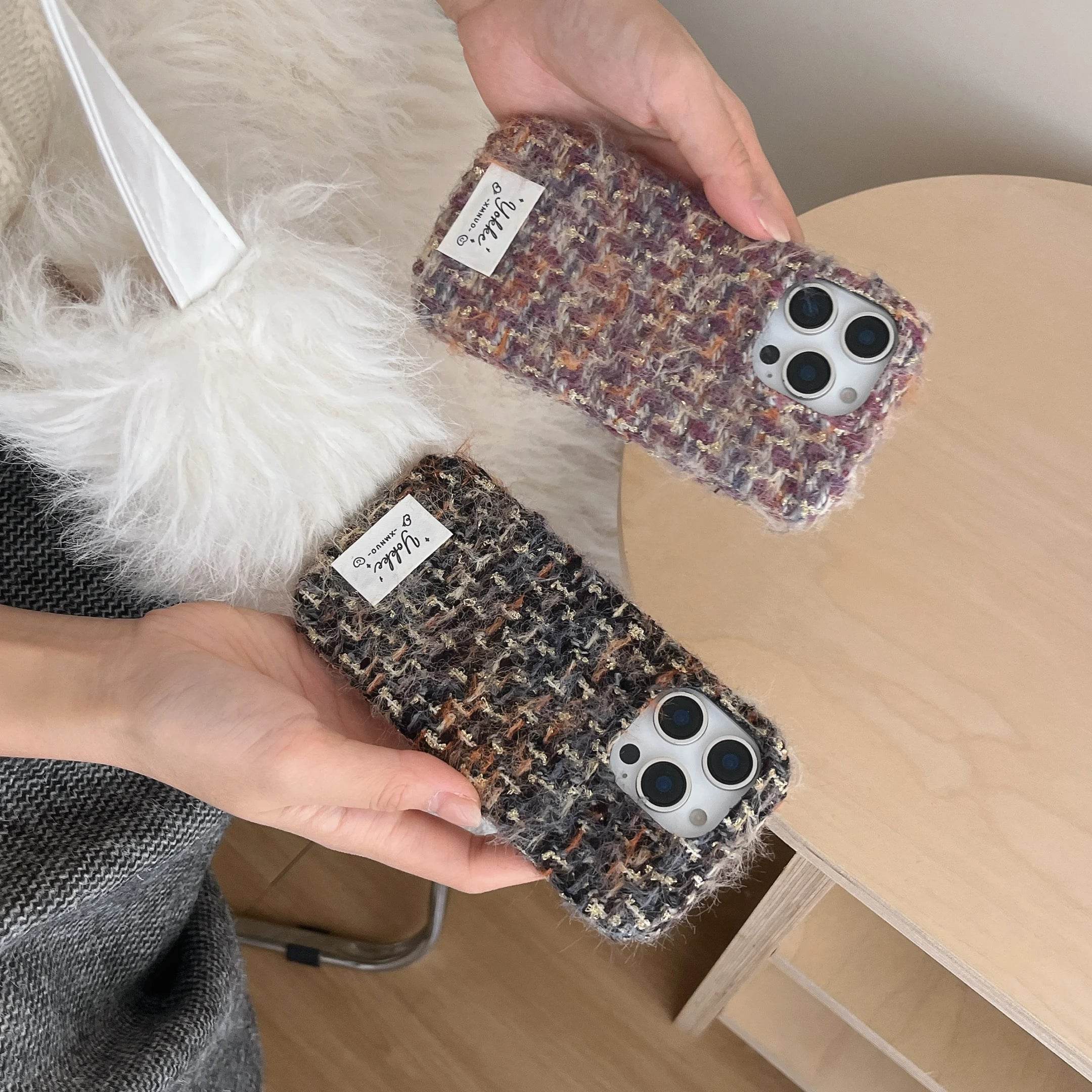 Cute Phone Cases For iPhone 16, 15, 14, 13 Pro Max - Fashionable Woven Pattern Woolen Texture Back Cover - PC0430 - Touchy Style