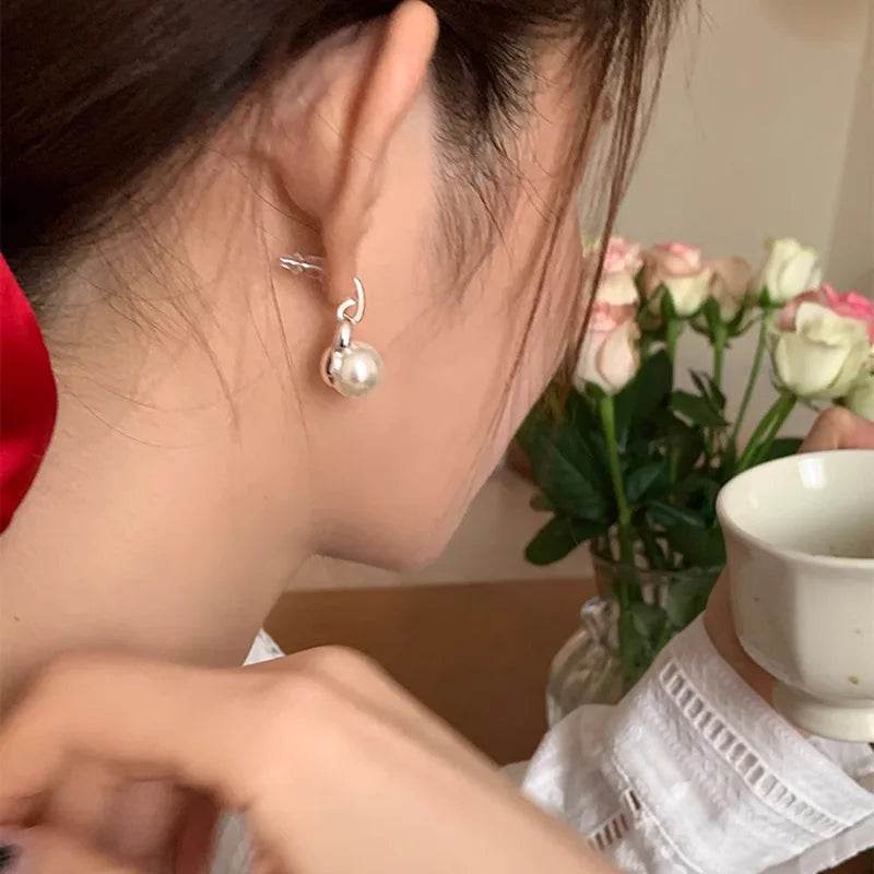 PANJBJ 925 Sterling Silver Pearl Geometry Earrings For Women Personality Design Trend Versatile Jewelry Birthday Gift - Touchy Style
