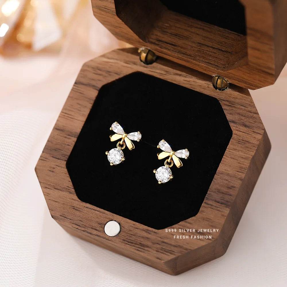 Real 925 Sterling Silver Fashion Romantic Delicate Zircon Bow Stud Earrings For Women Wedding Fine Jewelry - Touchy Style