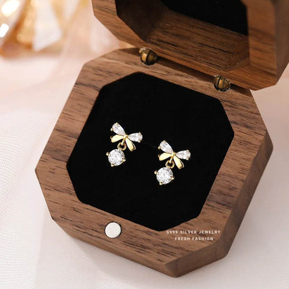 Real 925 Sterling Silver Fashion Romantic Delicate Zircon Bow Stud Earrings For Women Wedding Fine Jewelry - Touchy Style