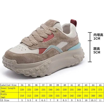 6cm Genuine Leather Platform Mesh Breathable Sneakers Chunky Hidden Heel Mixed Color Women Autumn Spring Vulcanize Shoes - Touchy Style