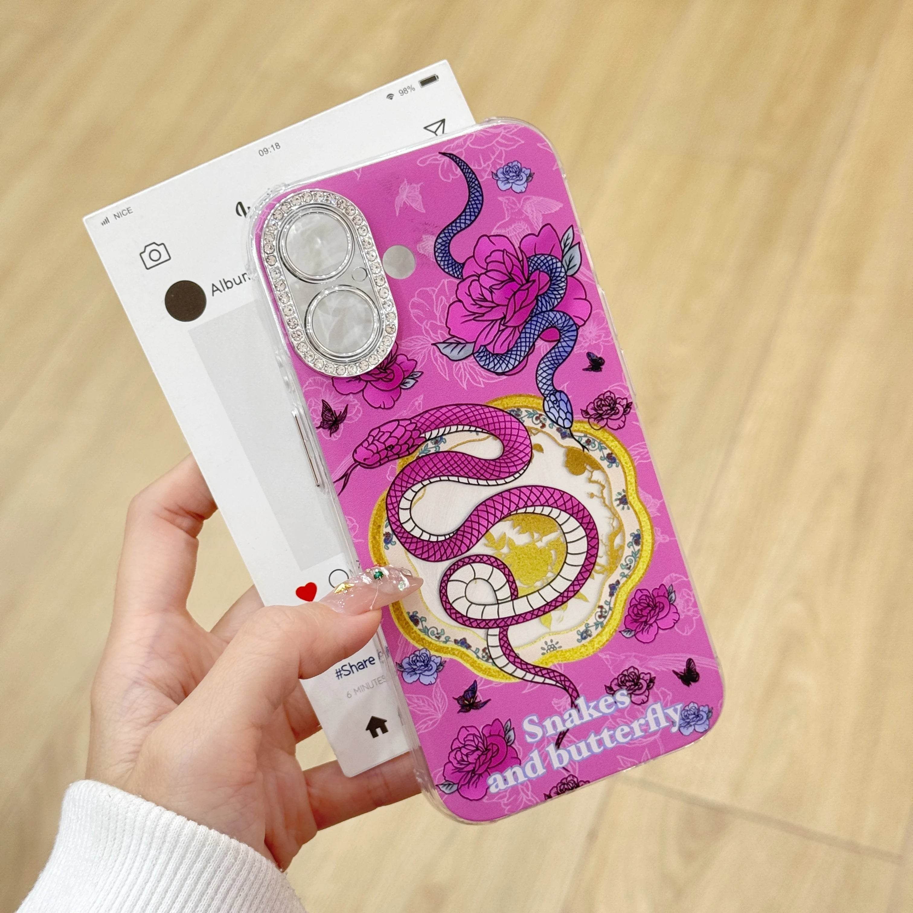 Cute Phone Cases For iPhone 16, 15, 14, 13 Pro Max - Rose Pink Snake &amp; Roses - Lens Protection Chic Back Cover - PC9140 - Touchy Style