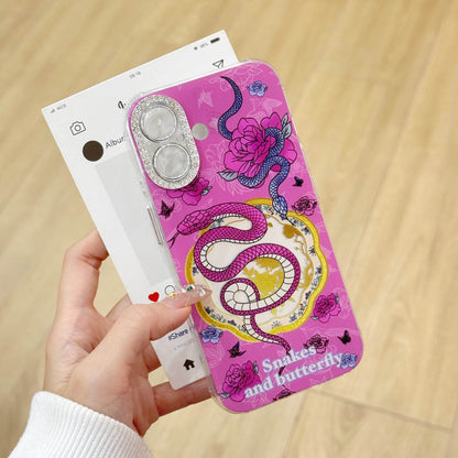 Cute Phone Cases For iPhone 16, 15, 14, 13 Pro Max - Rose Pink Snake &amp; Roses - Lens Protection Chic Back Cover - PC9140 - Touchy Style