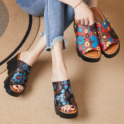 Genuine Leather Flowers Women Fashion Slippers Sandals New Summer Thick Sole High Heel Silppers Outer Wear Sandals