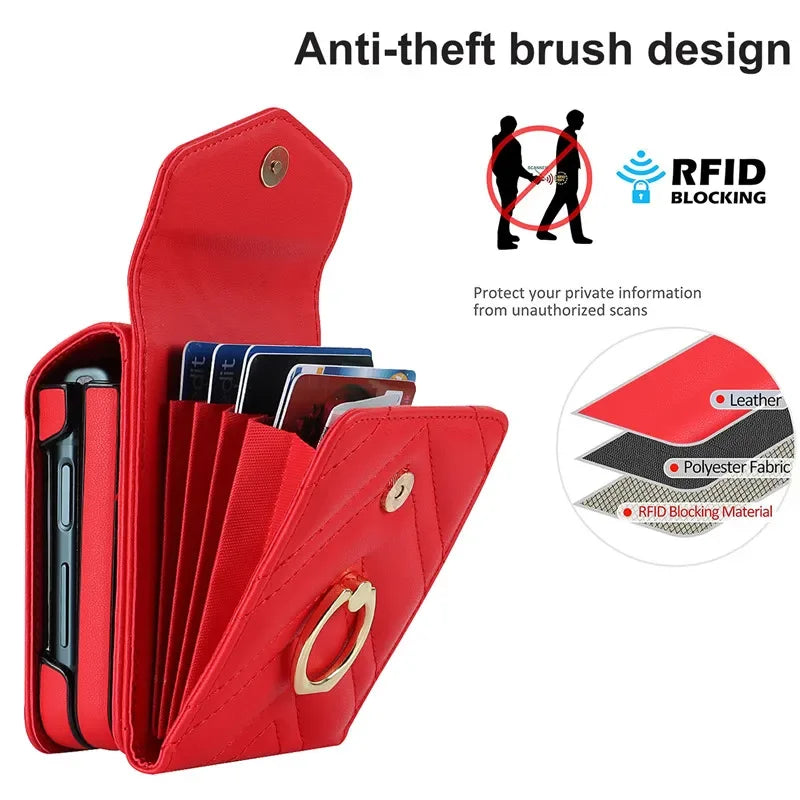 BCPC947 Cute Phone Cases for Galaxy Z Flip 5, Galaxy Z Flip 4, and Galaxy Z Flip 3 - Luxury Crossbody Leather Wallet Cover