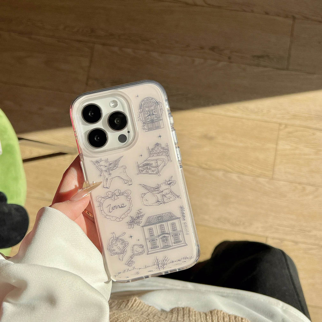 Cute Phone Cases For iPhone 16, 15, 14, 13 Pro Max - Matte Double Layer Goat &amp; House Sketch - Cover With Wrist Chain - PC5040 - Touchy Style