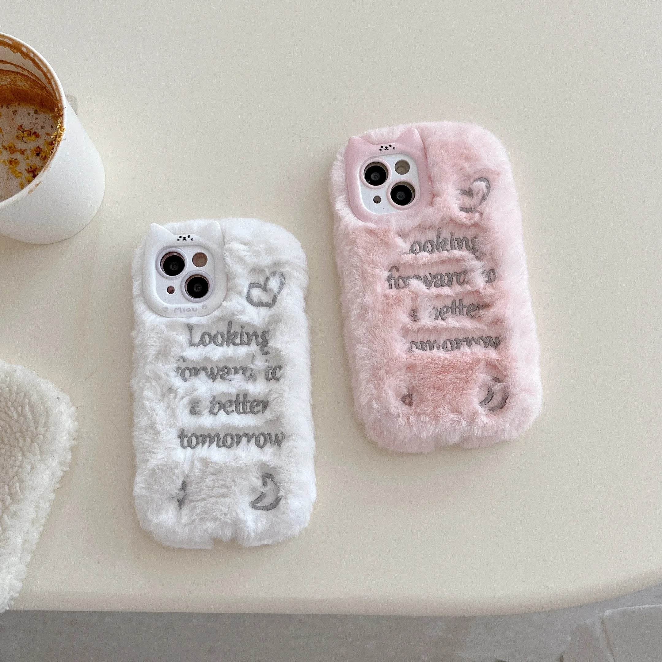 Cute Phone Cases For iPhone 16, 15, 14, 13 Pro Max - Pink &amp; White Fluffy with English Letter - Cat Ear Lens Frame - PC5330 - Touchy Style