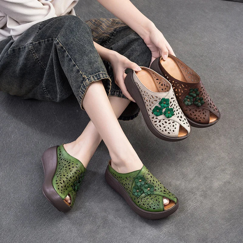Fashion Cut-outs Women Shoes Slippers Summer Peep Toe Wedge Sandals Genuine Leather Lady Slides Shoes Woman