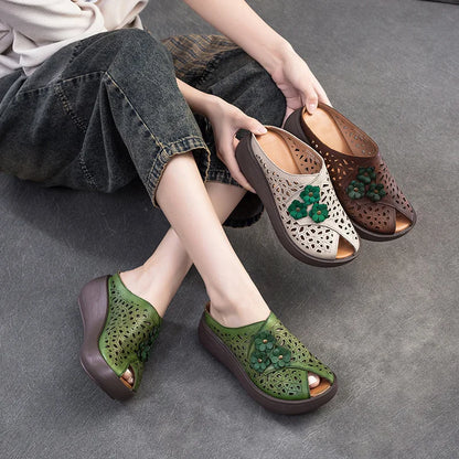 Fashion Cut-outs Women Shoes Slippers Summer Peep Toe Wedge Sandals Genuine Leather Lady Slides Shoes Woman