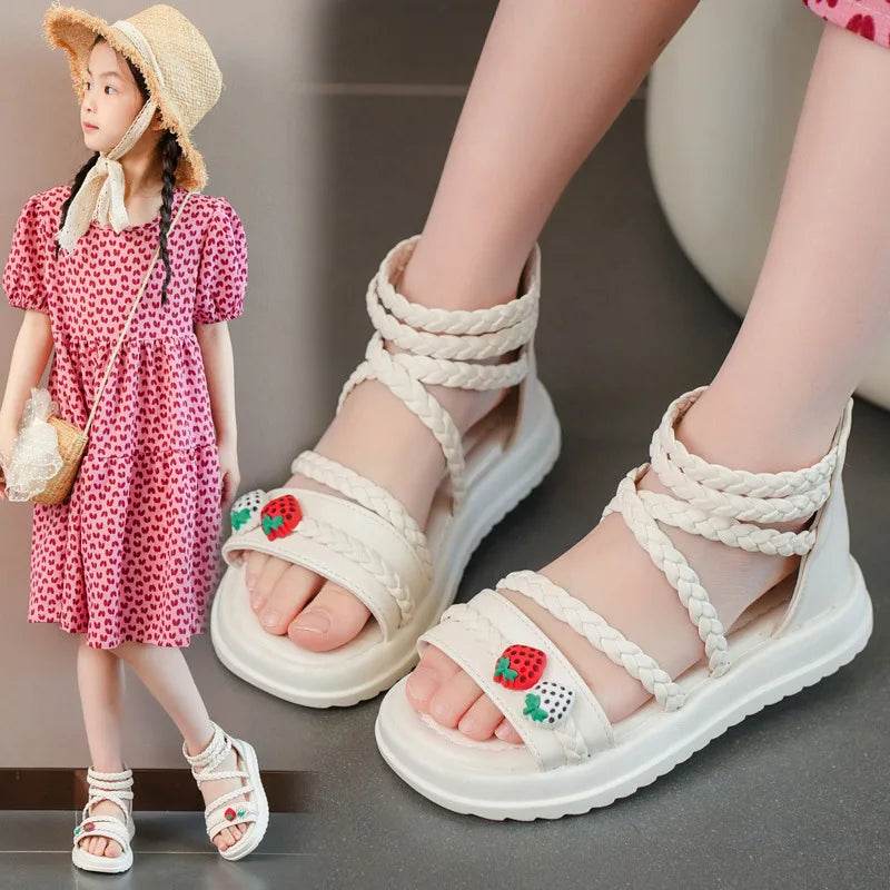 Kids Girls GLADIATOR Sandals Open Toe Knitted Strawberry 2023 New Summer Non Slip Flat Children Casual Shoes Roman Shoes Simple - Touchy Style