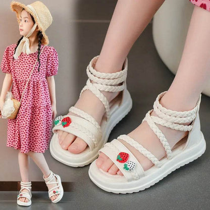 Kids Girls GLADIATOR Sandals Open Toe Knitted Strawberry 2023 New Summer Non Slip Flat Children Casual Shoes Roman Shoes Simple - Touchy Style