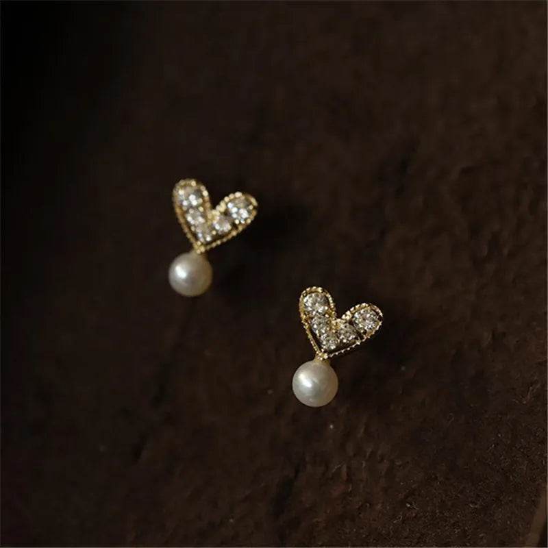925 Sterling Silver 14k Gold Plated Stud Earrings Mock Pearl Zircon Heart Earrings for Women Elegant Temperament Jewelry - Touchy Style