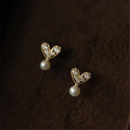 925 Sterling Silver 14k Gold Plated Stud Earrings Mock Pearl Zircon Heart Earrings for Women Elegant Temperament Jewelry - Touchy Style