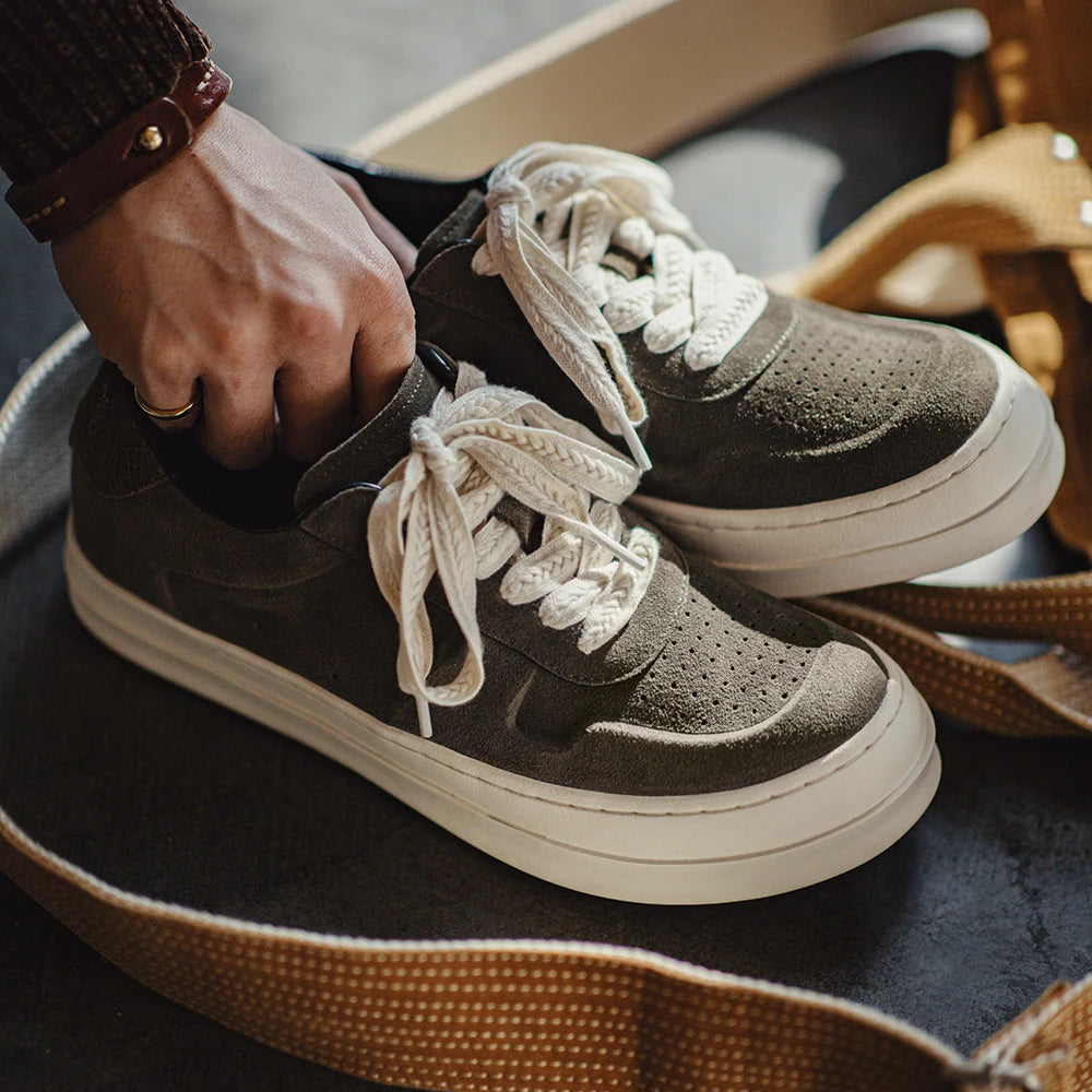 Maden Vintage Low Top Trendy Shoes Genuine Leather Shoes for Men Thick Soles Versatile Casual Increase Height Green Board Shoes