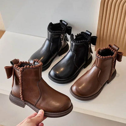 Cute Pompom PU Leather Kids Ankle Boots Super Warm Velevt Winter Shoes Girl Low Heel Fashion Butterfly-knot Student Shoes G10234 - Touchy Style
