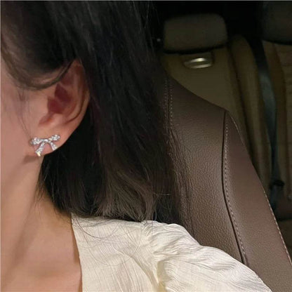 PANJBJ 925 Sterling Silver Bowknot Studs Earring for Women Zircon Asymmetric Originality Versatile Jewelry Gift Dropshipping - Touchy Style