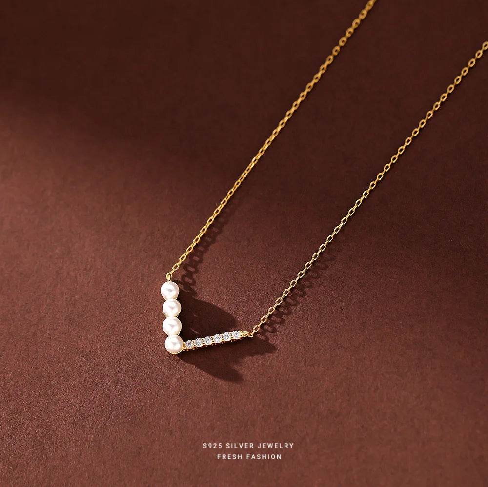 S925 Sterling Silver V Shape Half Pearl Half Zircon Pendant Necklace for Women Simple Light Luxury Wedding Jewelry Accessories - Touchy Style