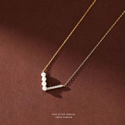 S925 Sterling Silver V Shape Half Pearl Half Zircon Pendant Necklace for Women Simple Light Luxury Wedding Jewelry Accessories - Touchy Style