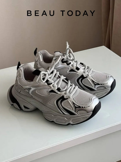 BEAUTODAY Sliver Chunky Sneakers Women Split Leather Mesh Patchwork Lace-up Closure Spring Female Leisure Shoes Handmade A29465