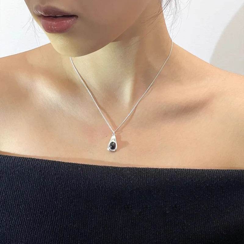 PANJBJ 925 Sterling Silver Black Agate Necklace for Women Water Drop Minimalism Design Trend Office Jewelry Gift Dropshipping - Touchy Style