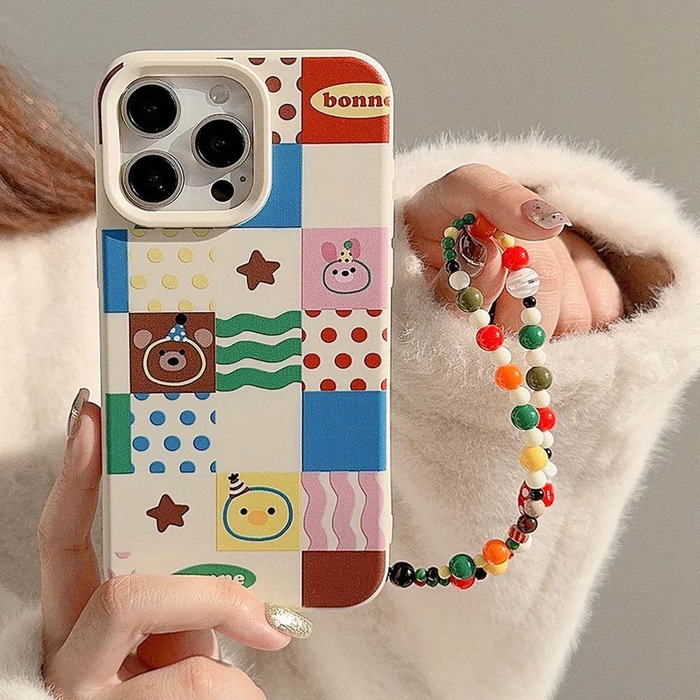 Cute Phone Cases For iPhone 16, 15, 14, 13, 12, 11 Pro Max, 16 Plus - Chocolate Bear, Pink Bunny Stripes, Dots Art - IC1440 - Touchy Style