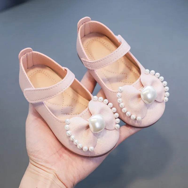 Solid Color Bow Simple Casual Pearl Cute Baby Girl Flats New 2024 Hook &amp; Loop Little Princess Soft Mary Jane Fashion Kids Shoes - Touchy Style