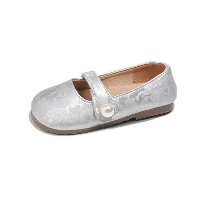 New Girls Embossed Flower Small Leather Shoes Little Kids Baby Princess Shoes Autumn Models Beige Green Silver Girl Shoes H07295 - Touchy Style