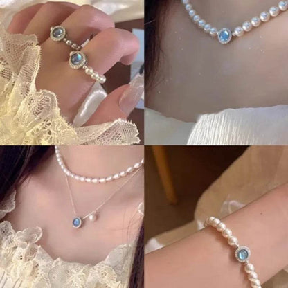 PANJBJ 925 Sterling Silver Blue Crystal Rings For Women Pearl Bead String Design Sweet Elastic Jewelry Gift Dropshipping - Touchy Style
