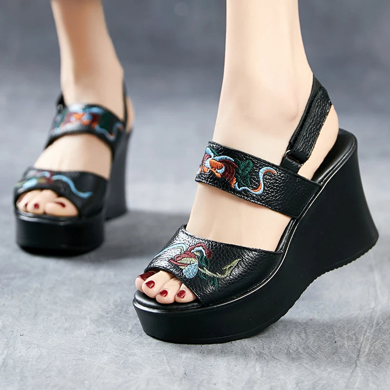 New Women Luxury Platform Wedge Sandals Cow Genuine Leather Summer Shoes Hollow Pumps Casual Breathable Leisure