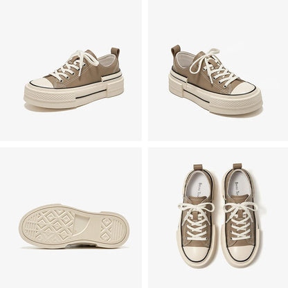BEAUTODAY Canvas Shoes Women Split Leather Solid Color Spring Outdoors Lace-up Ladies Shoes Handmade 29248